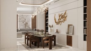 Luxury Villa Design dining room with sculptural chandelier, wooden dining table, and modern wall art.