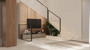 Luxury Villa Design staircase with marble steps, glass railing, and wood-paneled TV wall.